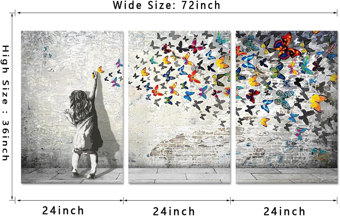 Novatique Banksy Canvas Wall Art Colorful Graffiti Wall Art Beautiful Butterfly Painting Print Abstract Graffiti Street Poster Artwork for Living Room Bedroom,24'x 36'x 3Pcs