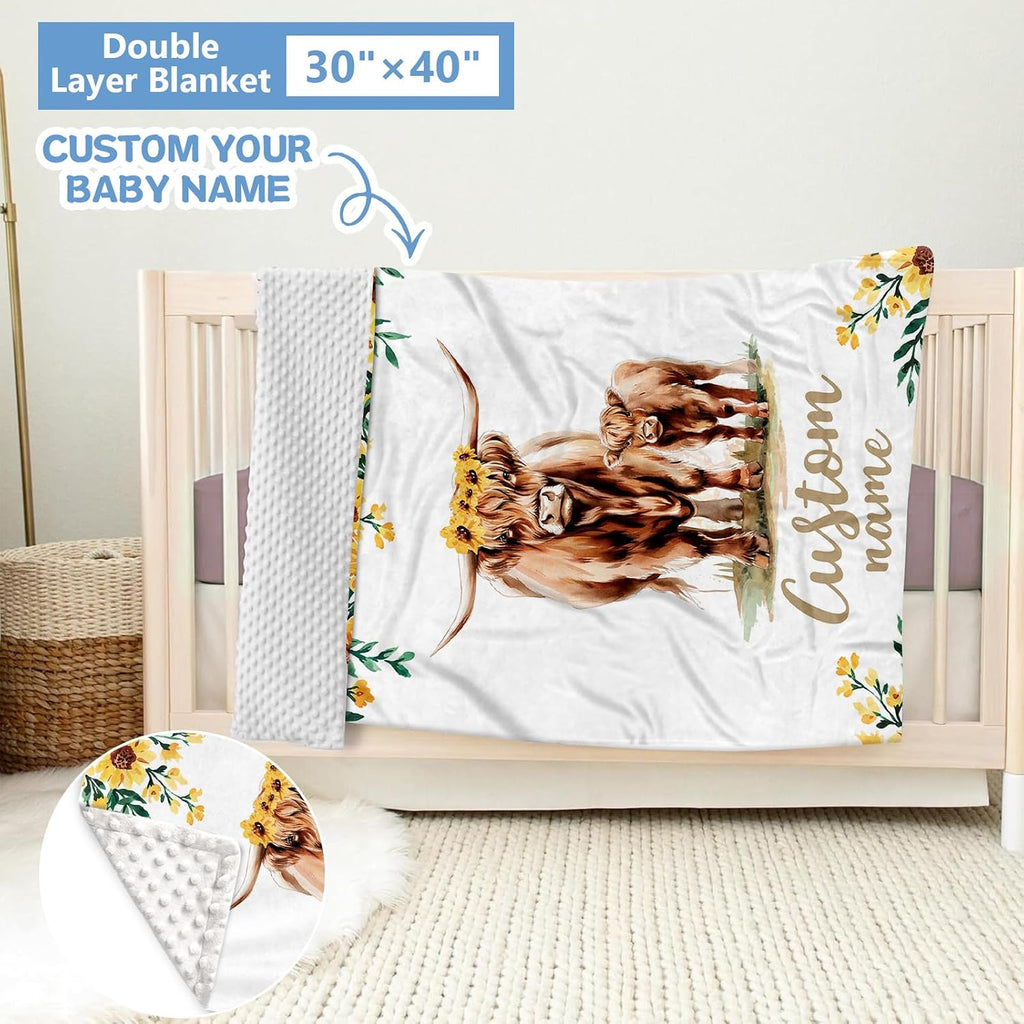 KAINSY Personalized Baby Crib Bedding Set, 5 Pcs Custom Name Bedding Set, Double Layer Nursery Bedding Set for Boy Girl, Highland Cow Baby Crib Set, Gift for Toddlers Infants New Parents
