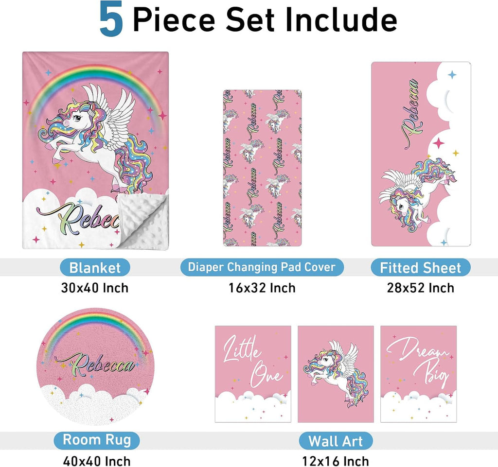 Dyoart Personalized Baby Crib Set - 5 Piece Custom Baby Bed Set for Girls with Name, Double Layer Nursery Bedding, Pink Unicorn Theme for Toddler, Infant, New Parents