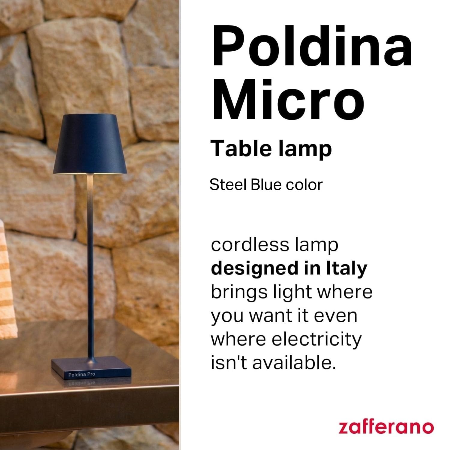 Zafferano, Poldina Micro Lamp, Rechargeable Cordless Table Lamp with Touch Controls, Suitable for Indoor and Outdoor, Dimmer, 2200-3000 K, Height 10.8 Inches, Steel Blue Color