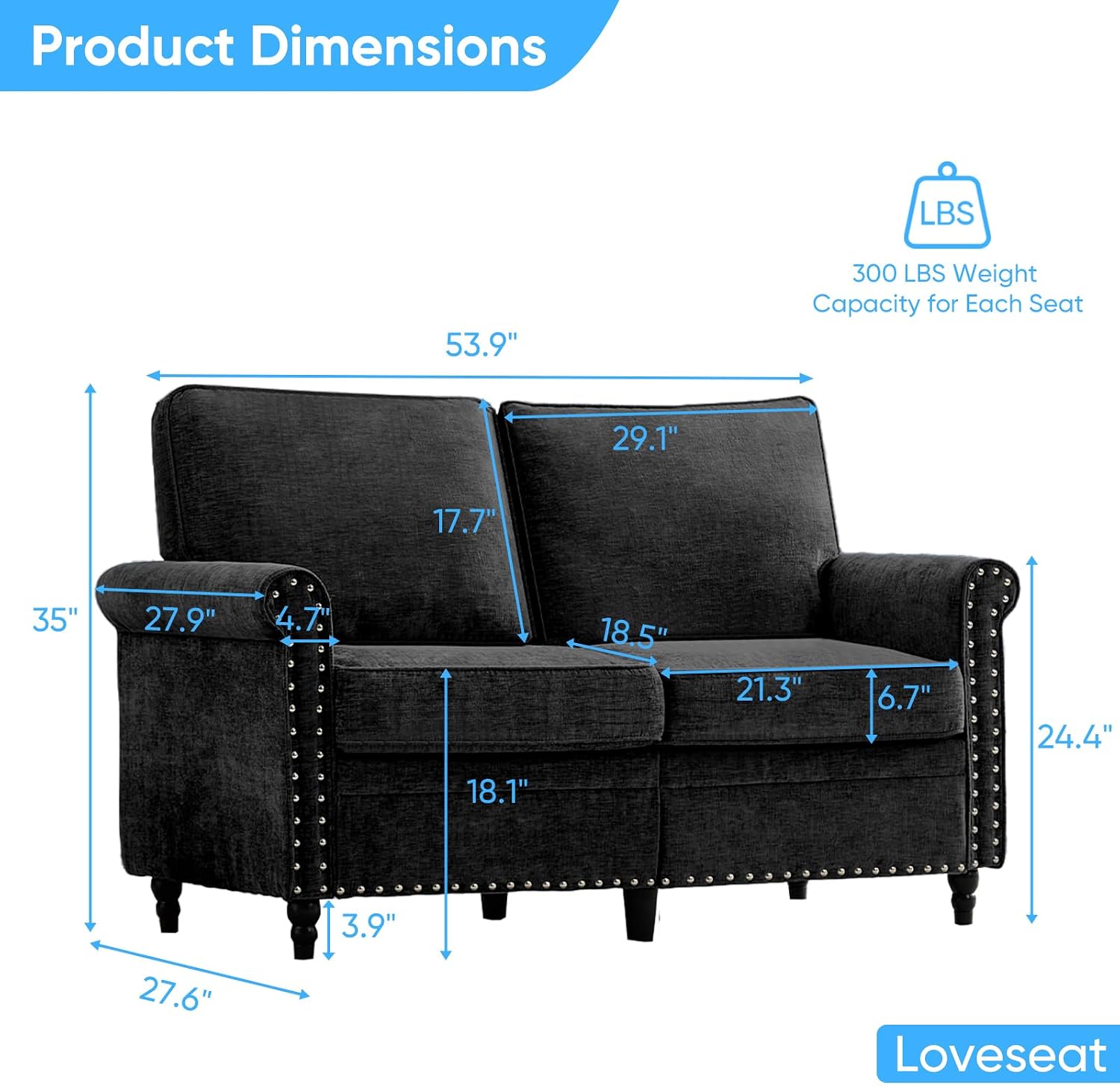 Mjkone 54' Chenille Sofa Couch, Living Room Loveseat Sofa with Wood Frame, Gourd Shape Wood Legs, 6.7' Thickened Soft Cushion, Rivet Design, Mid Century Modern Couch for Small Spaces, Apartment, Black