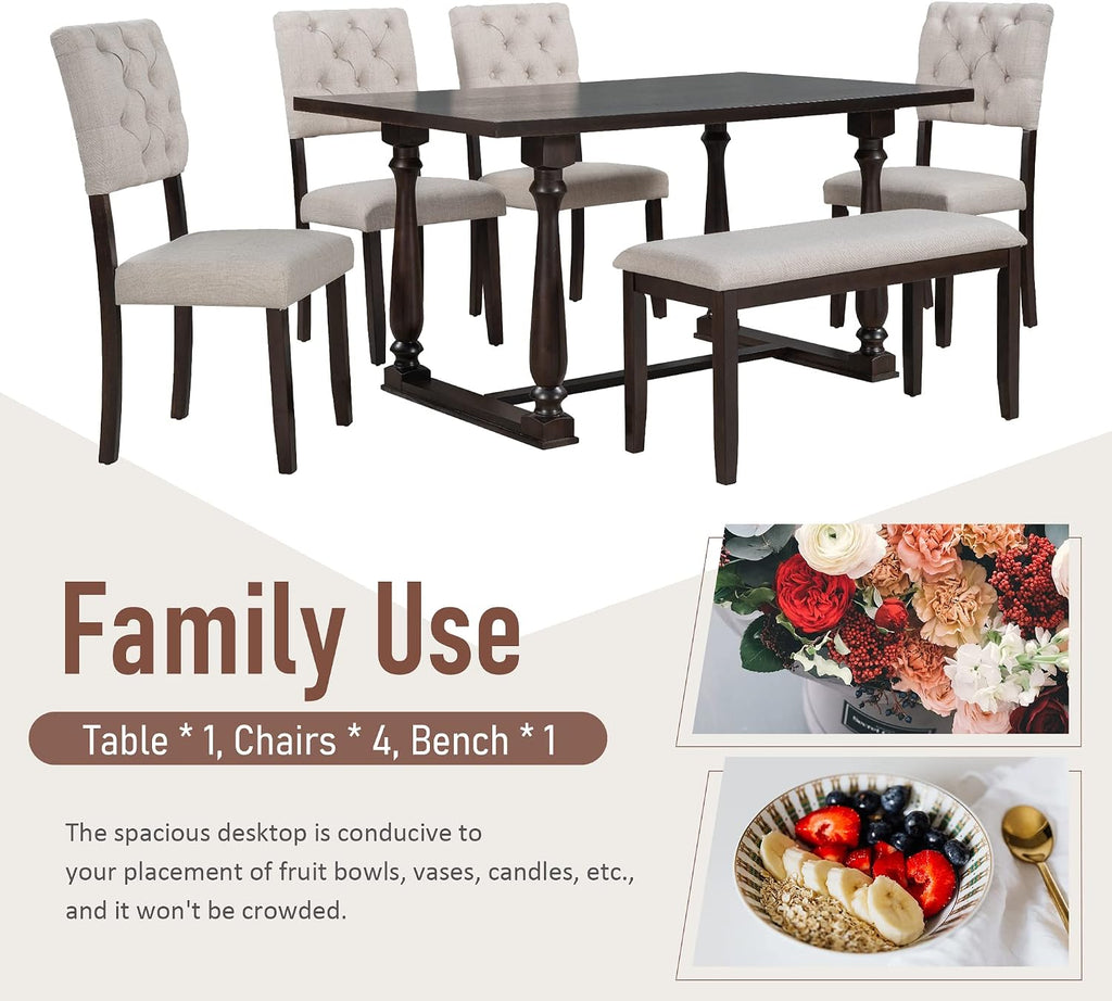 Retro 6-Piece Kitchen Dining Table Set with Comfortable Upholstery Chairs and Bench, Solid Wood Dining Table with Special-Shaped Legs, Suitable for Family Use (Espresso-Comfort)