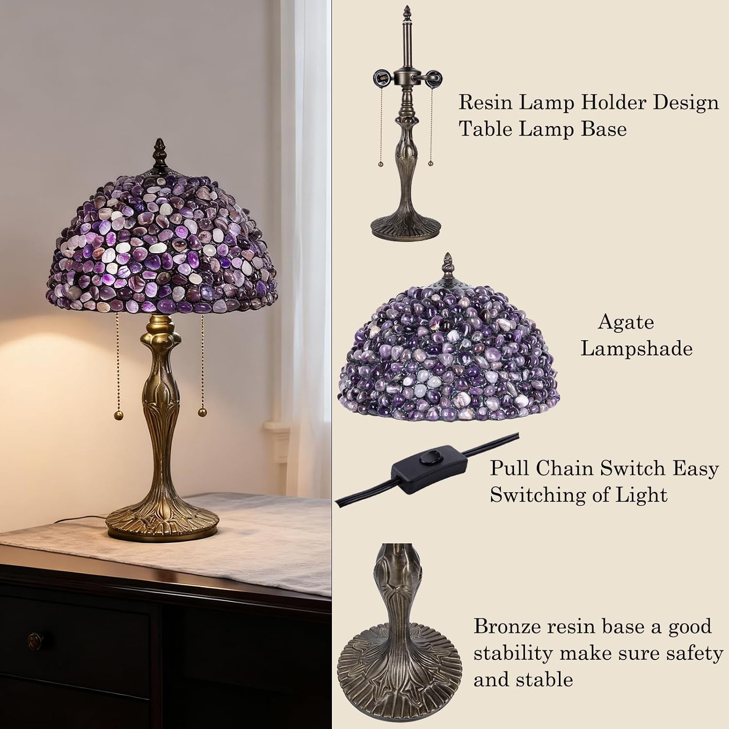 Tiffany lamp Agate Amber Stained Glass Table Lamp 12In Antique Vintage Tiffany Style Lamp for Bedroom Living Room Office,Luxury Bedside Night Light