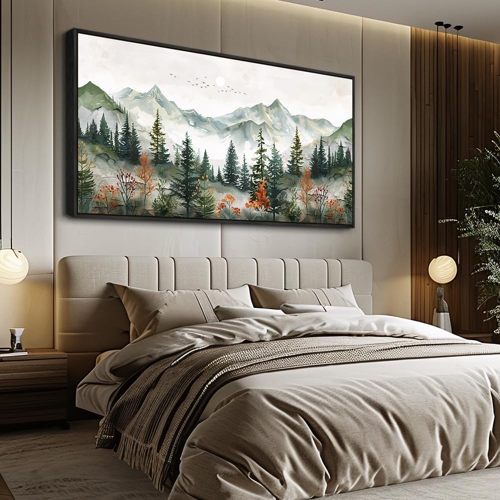 ZUITINGHUA Black Framed Canvas Wall Art For Living Room Large Wall Decor For Office Bedroom Decorations Forest Mountain Pictures Modern Paintings Artworks Mural Aesthetic Home Decor 30x60 In