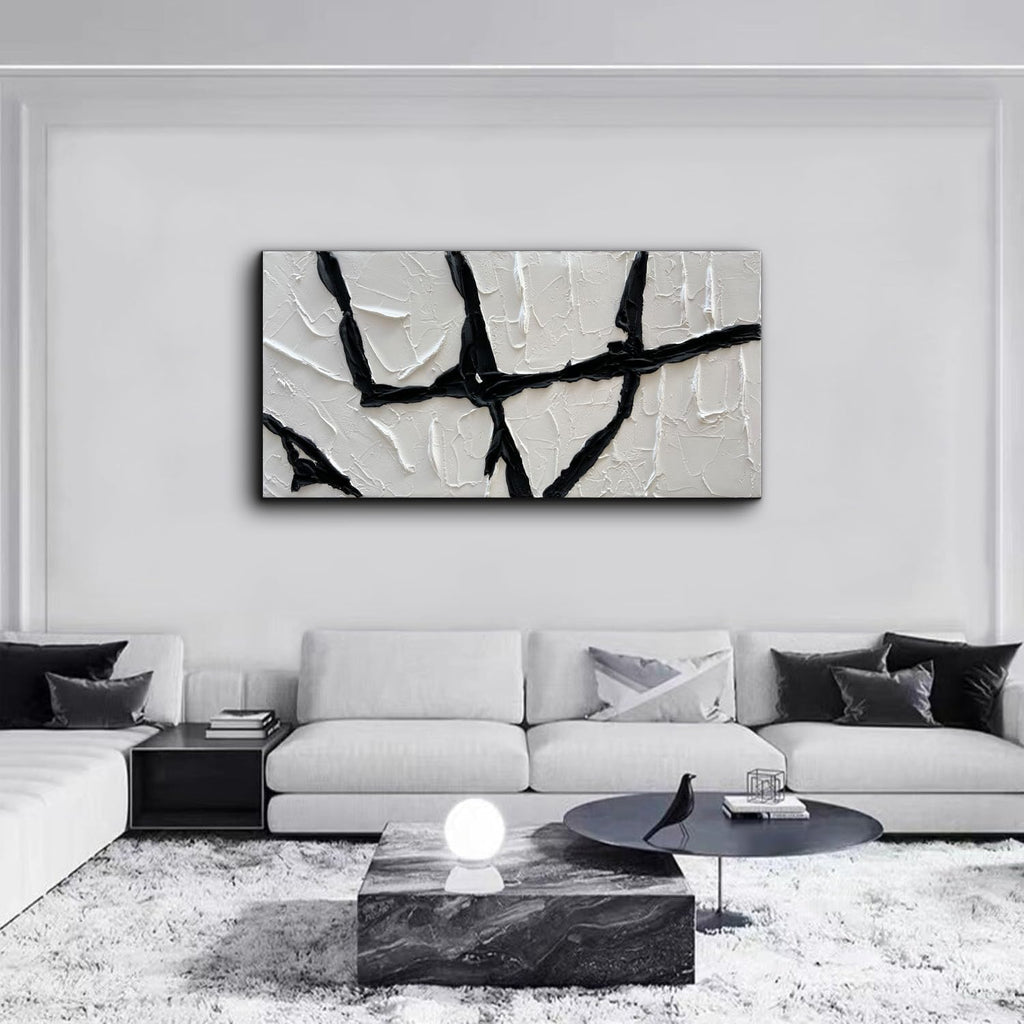 Creespi Hand Painted Black and White Thick Texture Oil Painting On Canvas,Modern Minimalist Abstract Wall Art for Home Decor 24x48 inch