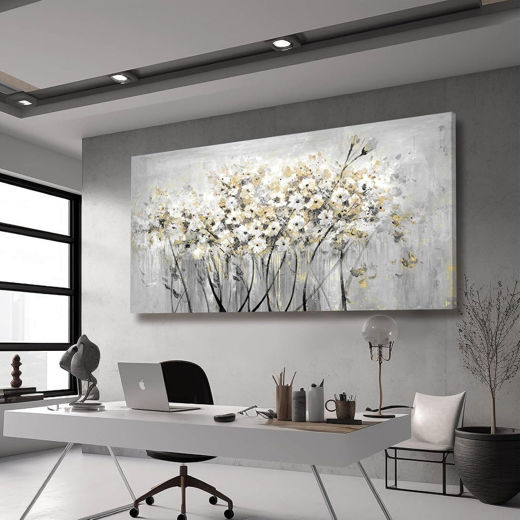 Flowers Canvas Wall Art White Paintings Grey Gold Contemporary Artwork Master Bedroom Wall Decor 29'x 58' Large Framed Art for Living Room Office Home Decor