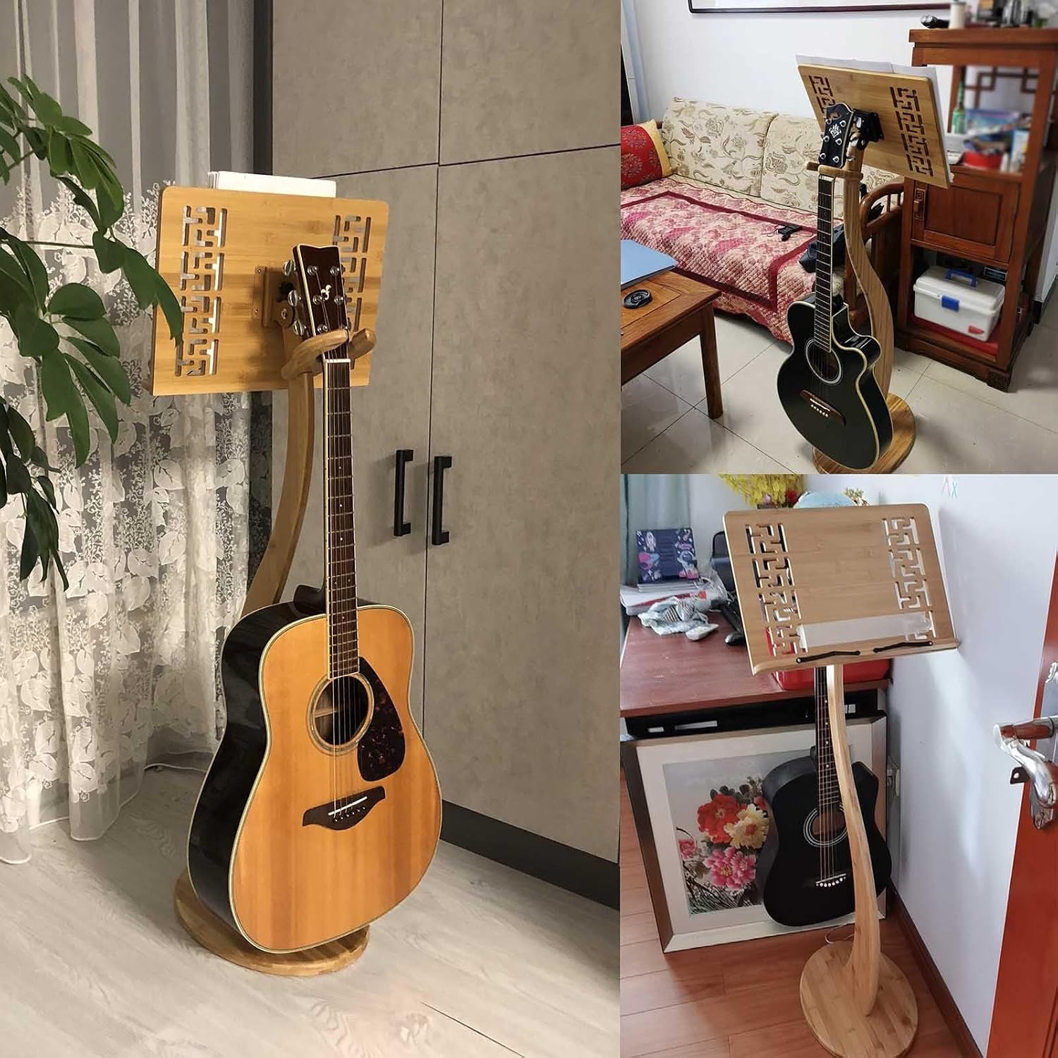 WORDFUN Wooden Sheet Music Stand, Professional Music Book Holder, 2 in 1 Dual Use, Violin Music Stand, Natural Bamboo, Wood Station for Conductors, S-Shaped, Stabilise, Adjustable