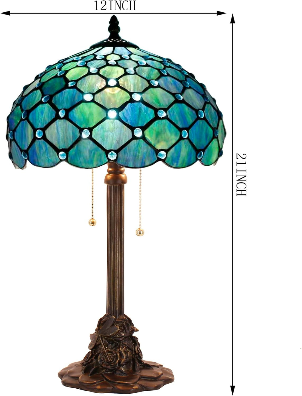 Tiffany Table Lamp Stained Glass Desk Lamp 12X12X21Inch Resin Base for Bedroom Living Room Reading Light (Sea Blue Pearl)