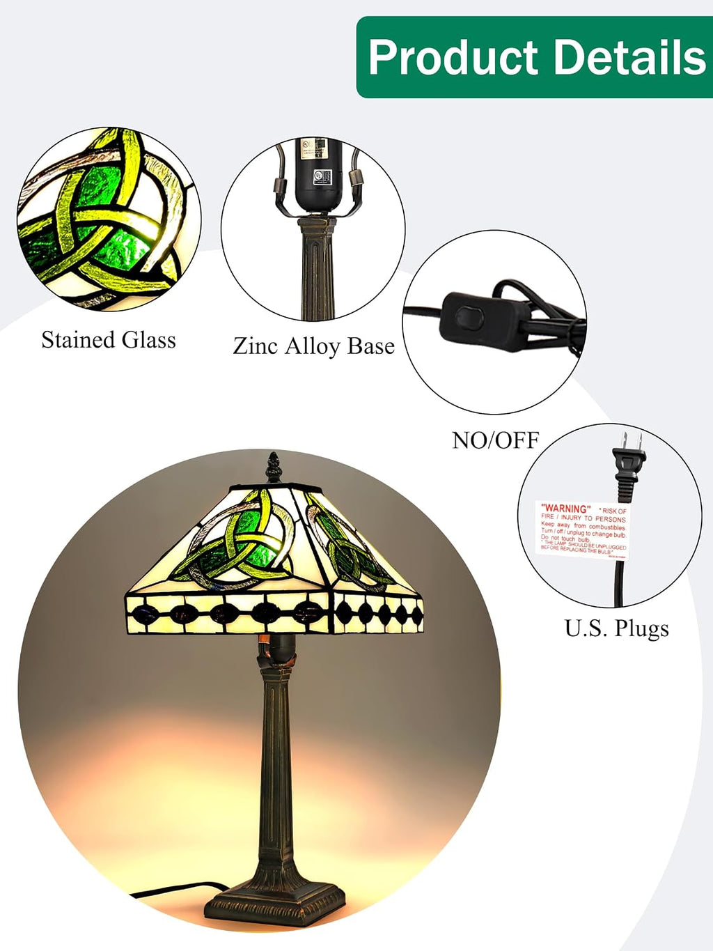 KY&BOSAM Irish Tiffany Table Lamps Round Celtic 17500 Lumens Tiffany Style Lamp Light Stained Glass Desk Lamp Shade E26 Bulb Holder Metal Base Memory Bedroom Living Room Office St Patrick's Day Decor