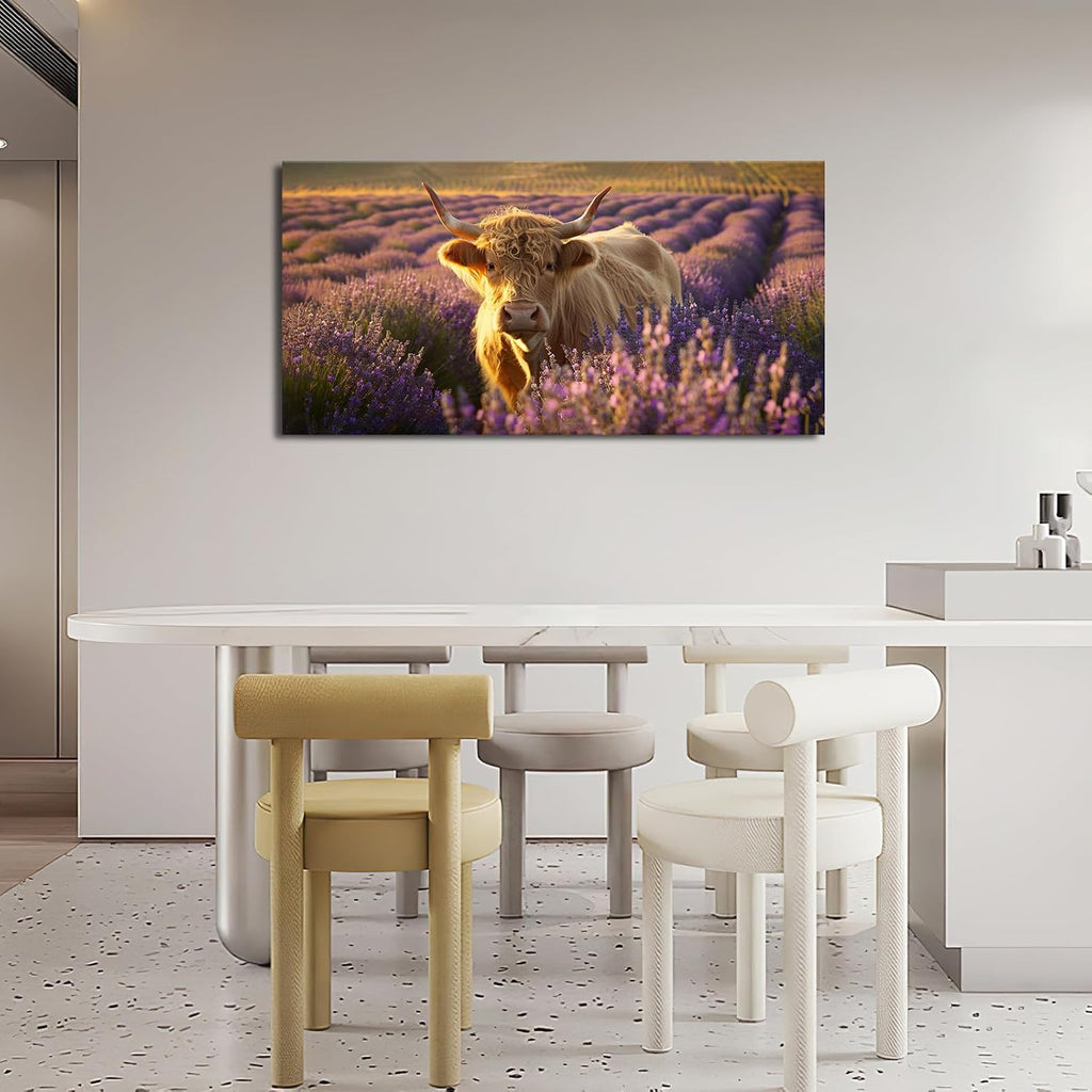 Large Highland Cow Wall Art Lavender Cow Pictures Wall Decor Country Landscape Cattle Canvas Painting Print Home Modern Artwork Decorations Framed for Bathroom Living Room Bedroom Office 60 x 30 inch