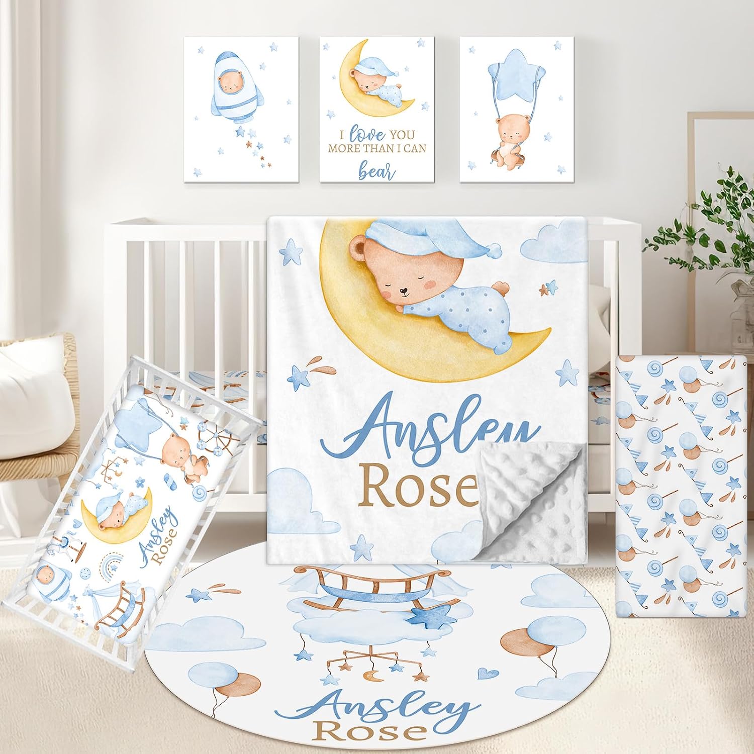 KAINSY Custom Crib Bedding Set 5 Piece for Girls Boys – Personalized Sleeping Bear Theme, Newborn Sleep Set, Nursery Decor, Toddler Room Essentials, Infant Sleep, Baby Room Accessories, Baby Gift