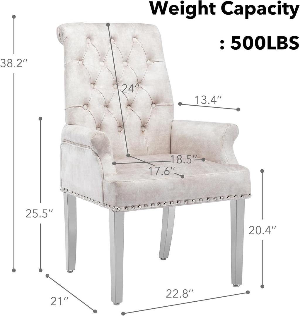 LOULENS Luxurious Velvet Dining Chairs, Modern Upholstered Tufted Dining Room Chairs, Armrests Dining Chairs with Stainless Steel Leg for Kitchen, Dining, Living Room, Bedroom