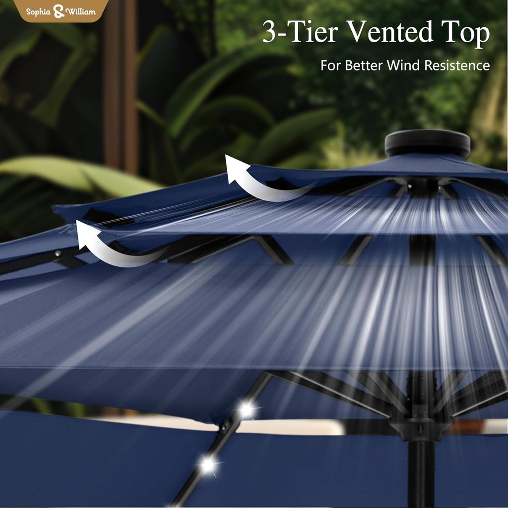 Sophia & William 10ft Patio Umbrellas 3-Tier Umbrella Outdoor Patio Umbrellas with Lights Vented Top 24 LED lights Adjustable Tilt for Pool Garden Backyard, Navy