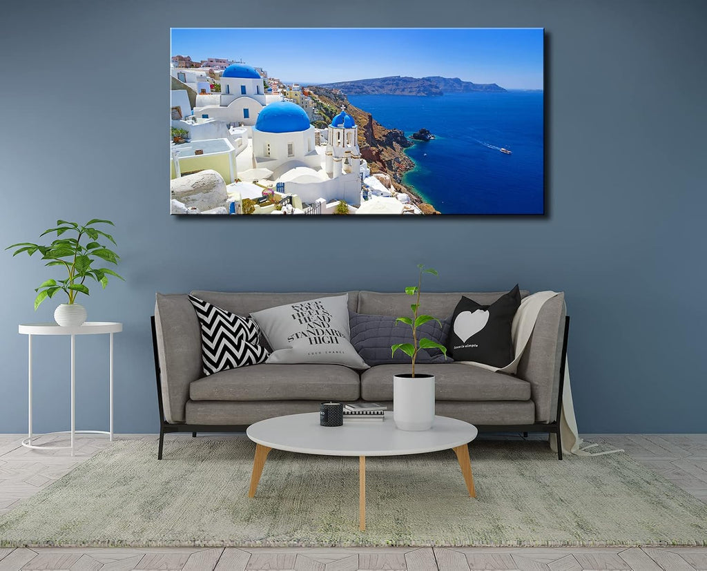 OKEXCKK Large Canvas Print Wall Art Santorini in Greece Painting Wall Decor, Blue Coastal Landscape Coastal Artwork Seascape Pictures for Living Room, Bedroom, Office Decoration - 29'x58'