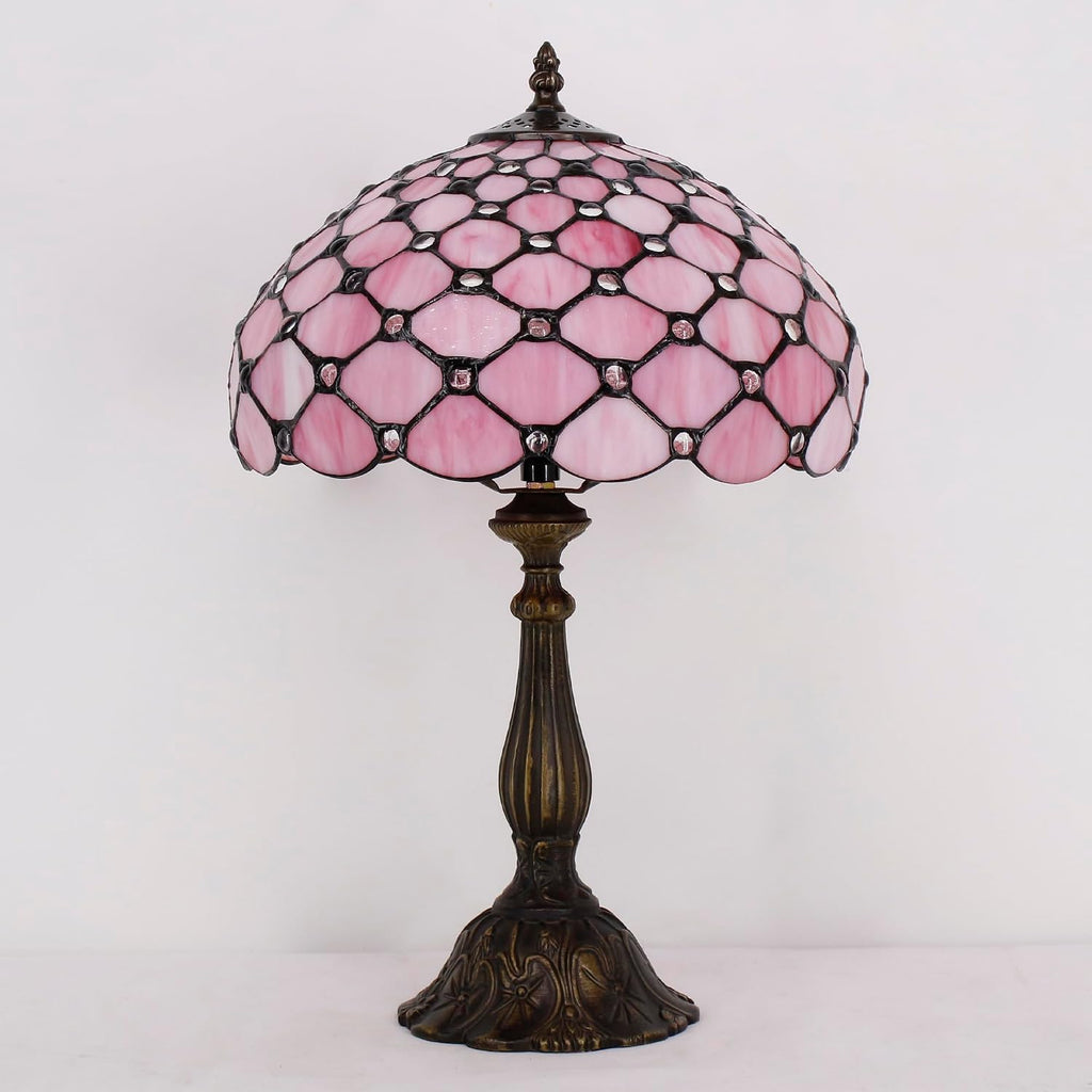 Tiffany Lamp Touch Control Table Lamp Pink Bead Style Stained Glass Desk Light 12X12X19 Inches Reading Light for Bedroom Living Room Home Decor Gift