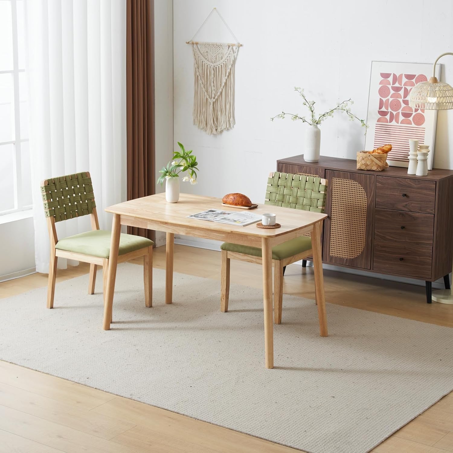 VINGLI Sage Green Woven Wooden Dining Chairs Set of 2,Armless Mid Century Modern Desk Chairs with Rivet&Foot Pegs,Upholstered Farmhouse Comfy Chair No Wheels for Dining Room,Living Room,Oak,Suede