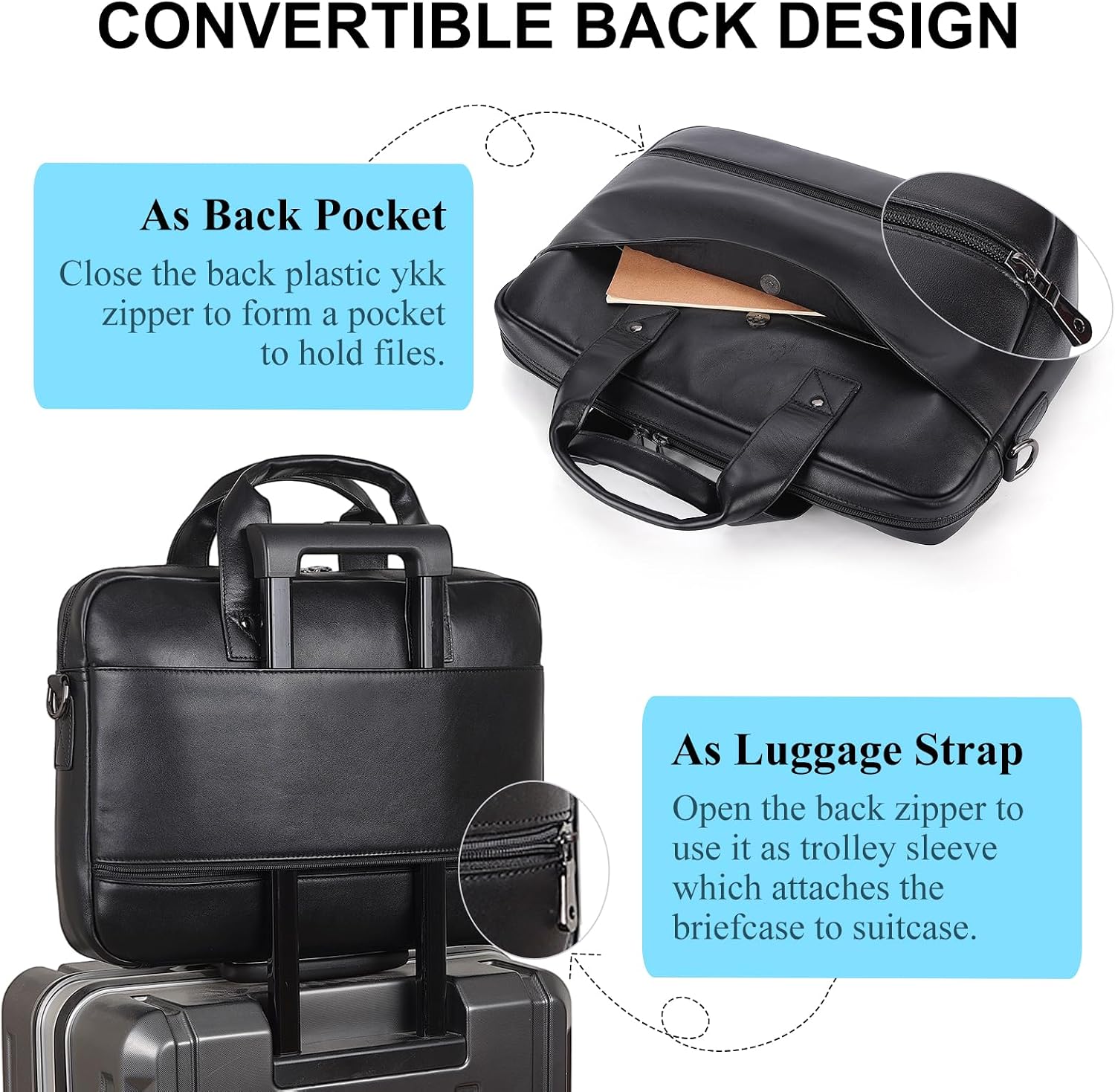 Masa Kawa Mens Leather Slim Briefcase for 16' Laptop Black Waterproof Crossbody Shoulder Messenger Computer Bag for Business Travel Office Work