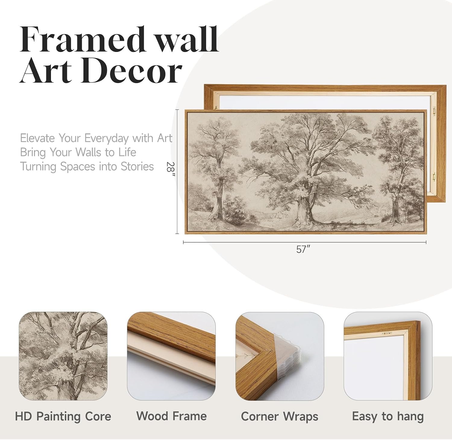 Framed Vintage Landscape Canvas Wall Art for Living Room, Extra Large Horizontal Rustic Tree Botanical Picture Prints Paintings, Neutral Wabi Sabi Artwork Decor for Bedroom Entryway 60x30 Inch