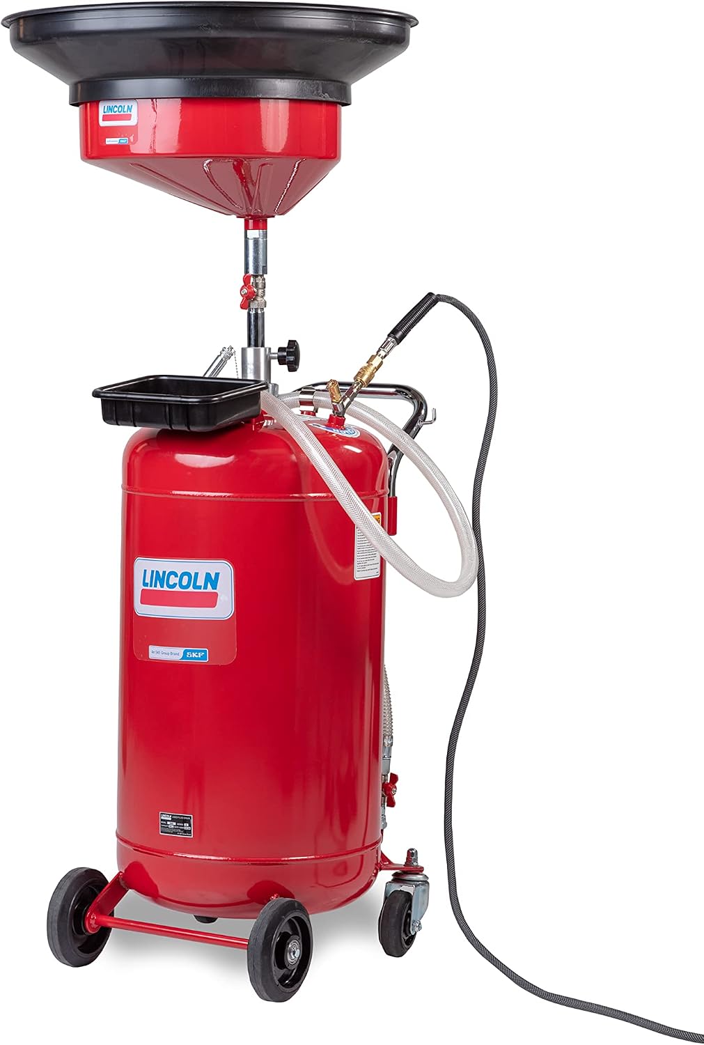 Lincoln 3635 Pneumatic 25 Gallon Pressurized Fluid Drain and Evacuation Tank, 51'-76' Adjustable Funnel Height, Heavy-Gauge Steel, 18' Offset Bowl with Metal Filter Screen, 4' Swivel Casters, Red