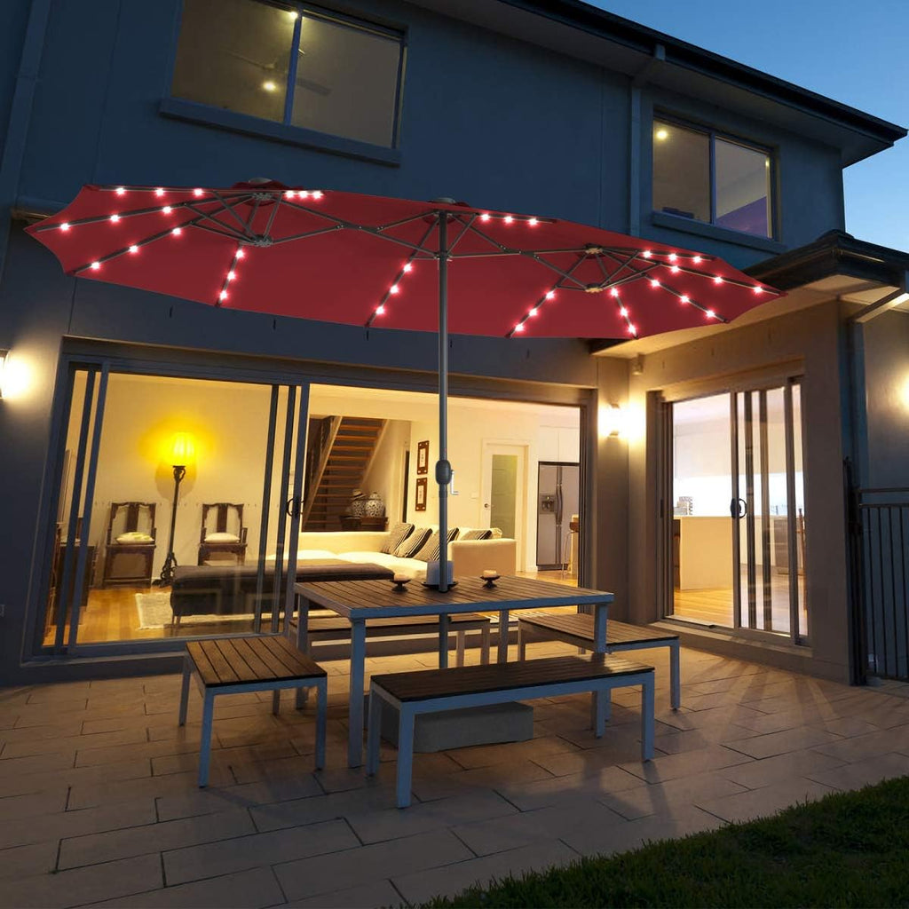 Tangkula 15 Ft Double Sided Patio Umbrella with Solar Lights, Extra Large Rectangle Outdoor Umbrella with 36 LED Lights & Crank Handle for Deck, Poolside, Garden, Backyard (Burgundy)