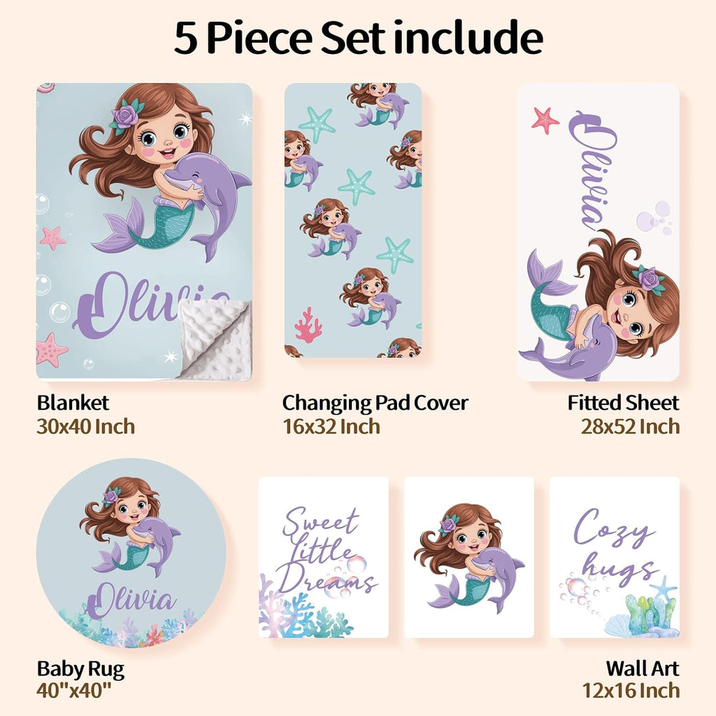 Personalized Baby Crib Bedding Set, Custom Name Nursery Bedding, Mermaid 5 Pcs Baby Bedding Set for Girl Boy, Double Layer Crib Set, Customized Gifts(Fixed Size)