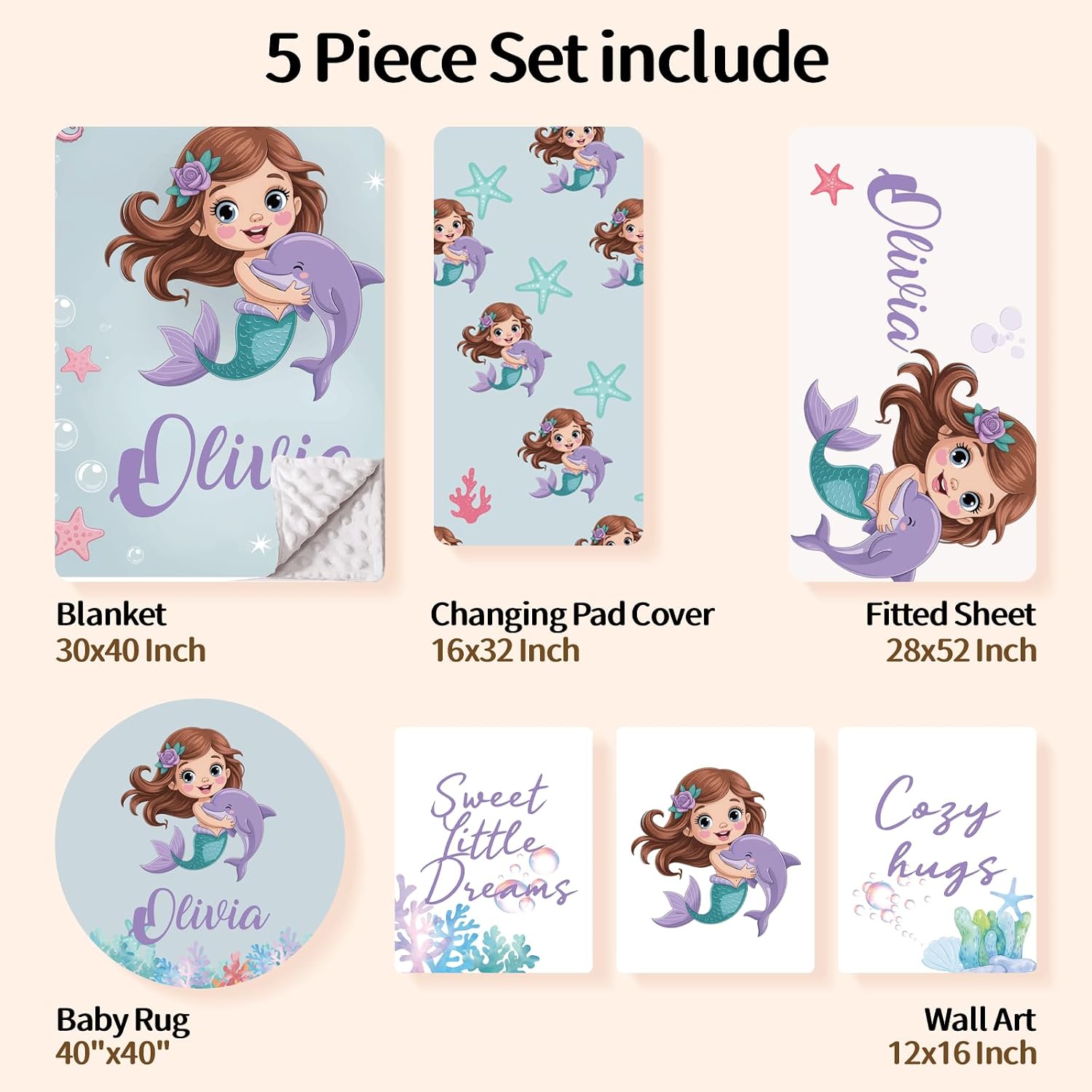 Personalized Baby Crib Bedding Set, Custom Name Nursery Bedding, Mermaid 5 Pcs Baby Bedding Set for Girl Boy, Double Layer Crib Set, Customized Gifts(Fixed Size)
