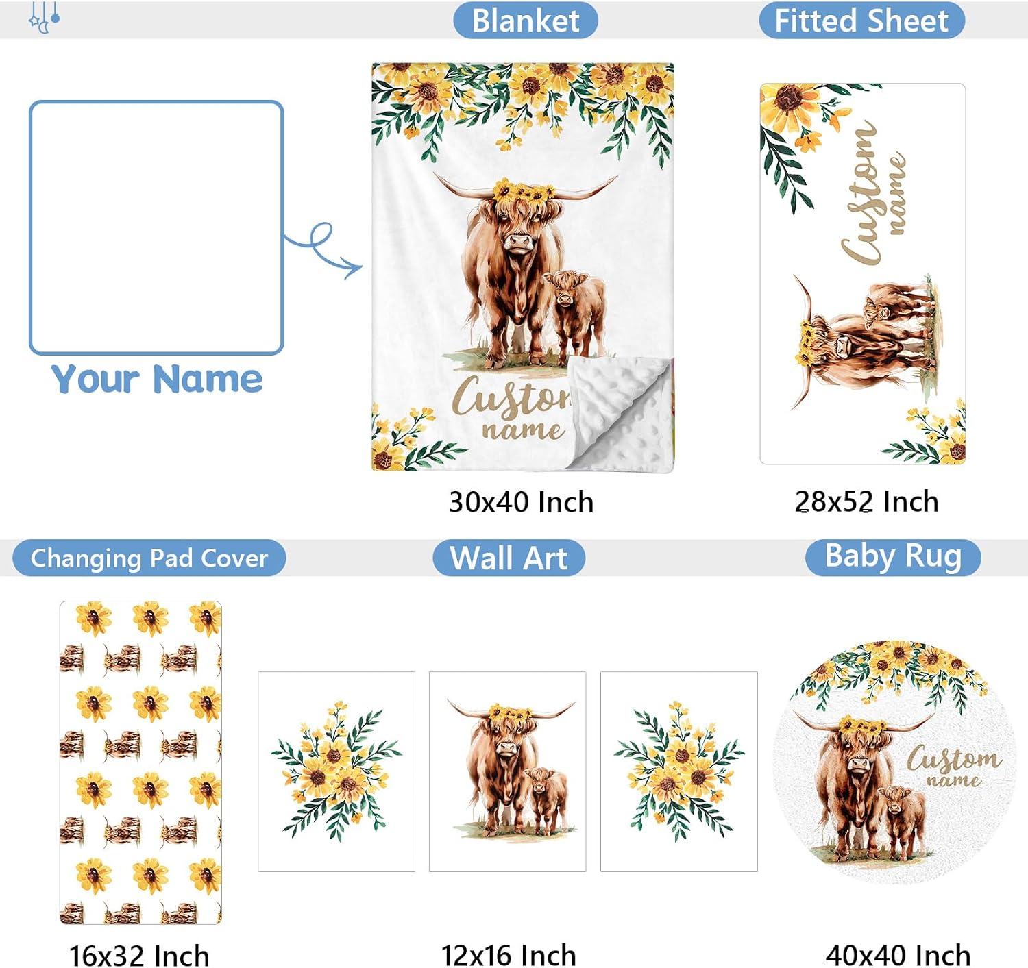 KAINSY Personalized Baby Crib Bedding Set, 5 Pcs Custom Name Bedding Set, Double Layer Nursery Bedding Set for Boy Girl, Highland Cow Baby Crib Set, Gift for Toddlers Infants New Parents