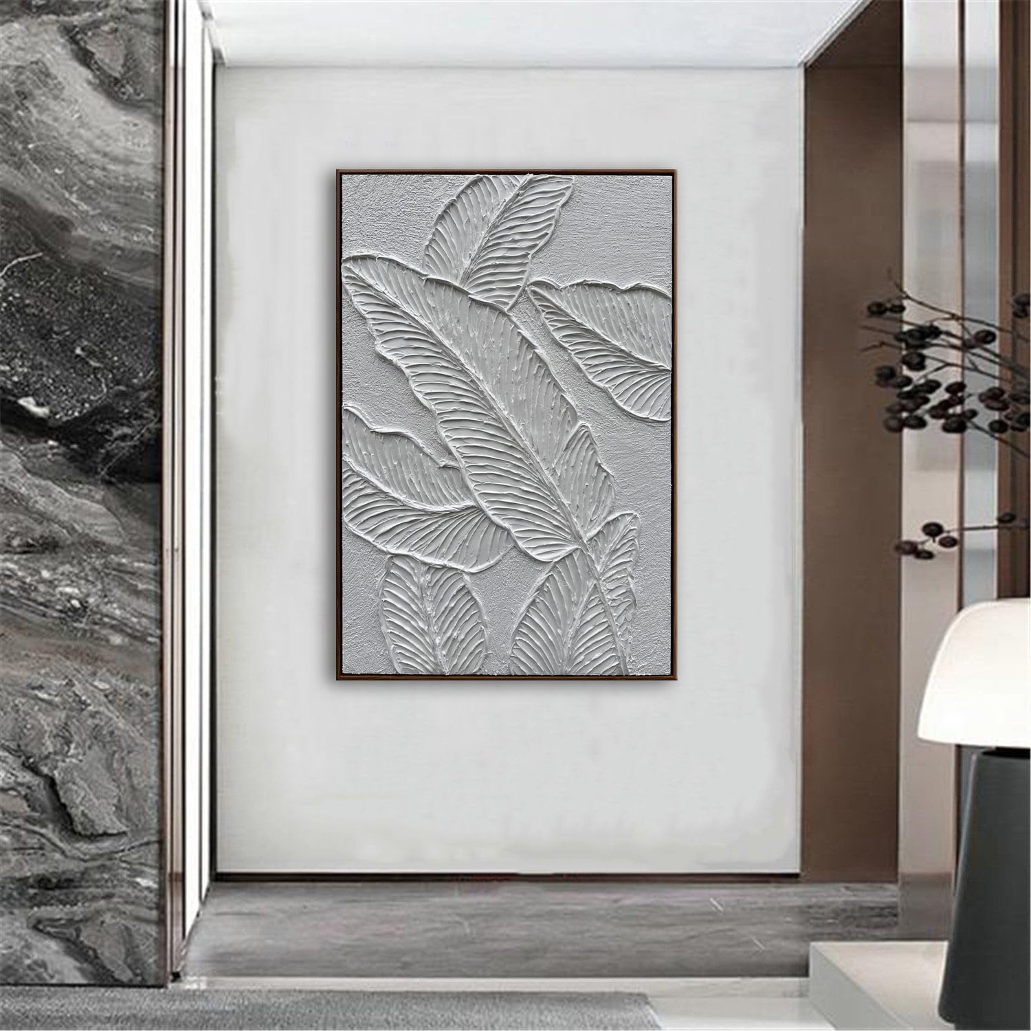 Slyart White Textured Wall Art, Hand Painted Canvas Abstract Wall Art Framed, 3D Minimalist White Leaf Plant Painting 24'x36'