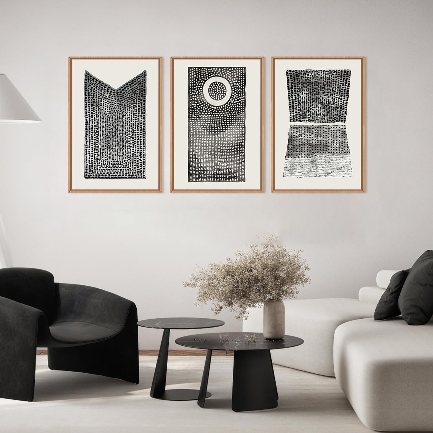 DRACIT Large Abstract Dot Black Pattern Framed Canvas Wall Art Set,Modern Neutral White Circle Wall Decor,Minimalist Black White Geometric Artwork for Living Room,Bedroom,Office-24 x36 x3