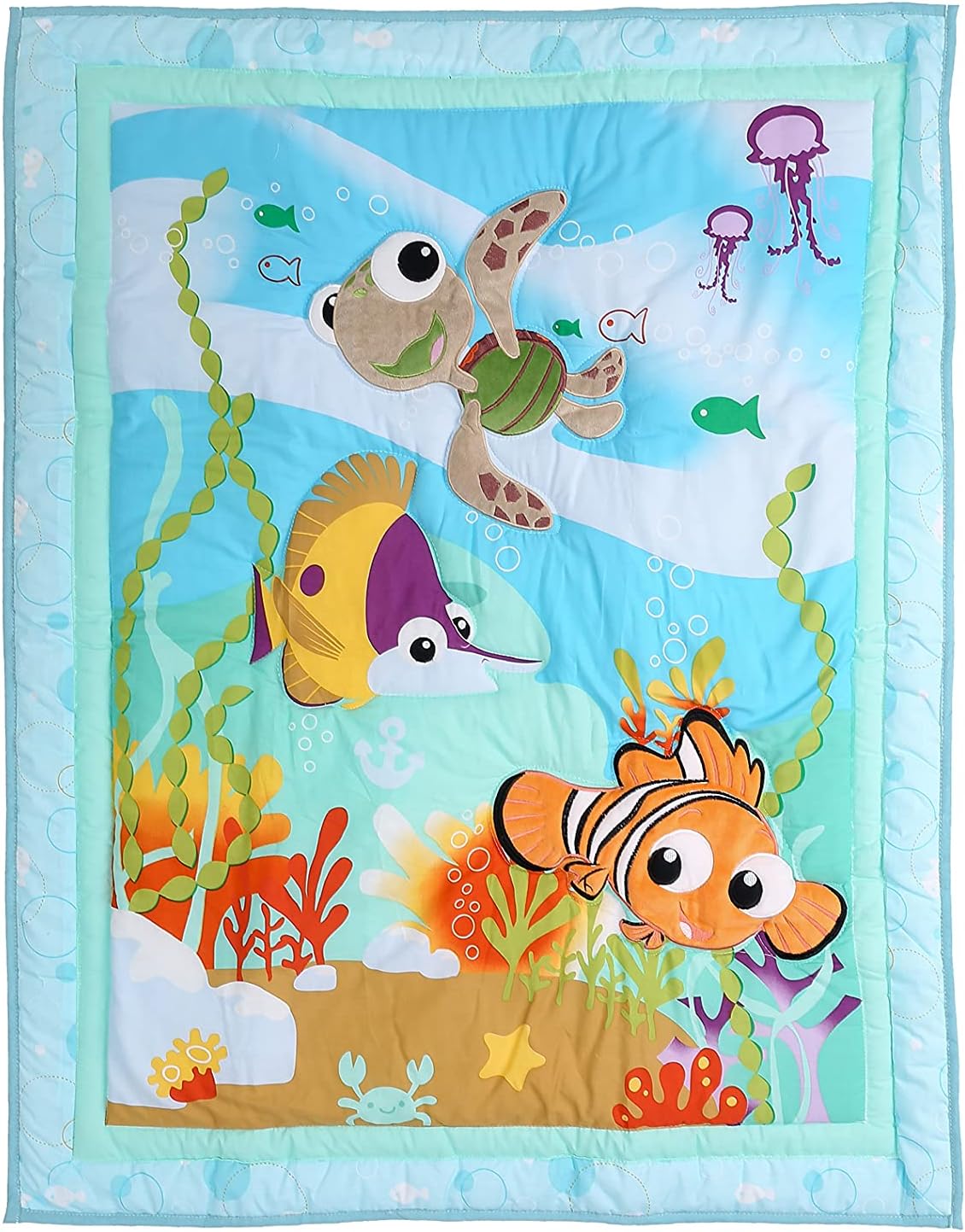 8 PCs Blue Ocean Themed Nursery Crib Bedding Set Baby Boy 1 Quilt 1 Fitted Sheet 1 Skirt 1 Diaper Organizer 1 Changing Pad Cover Sheet 3 Canvas Wall Decor
