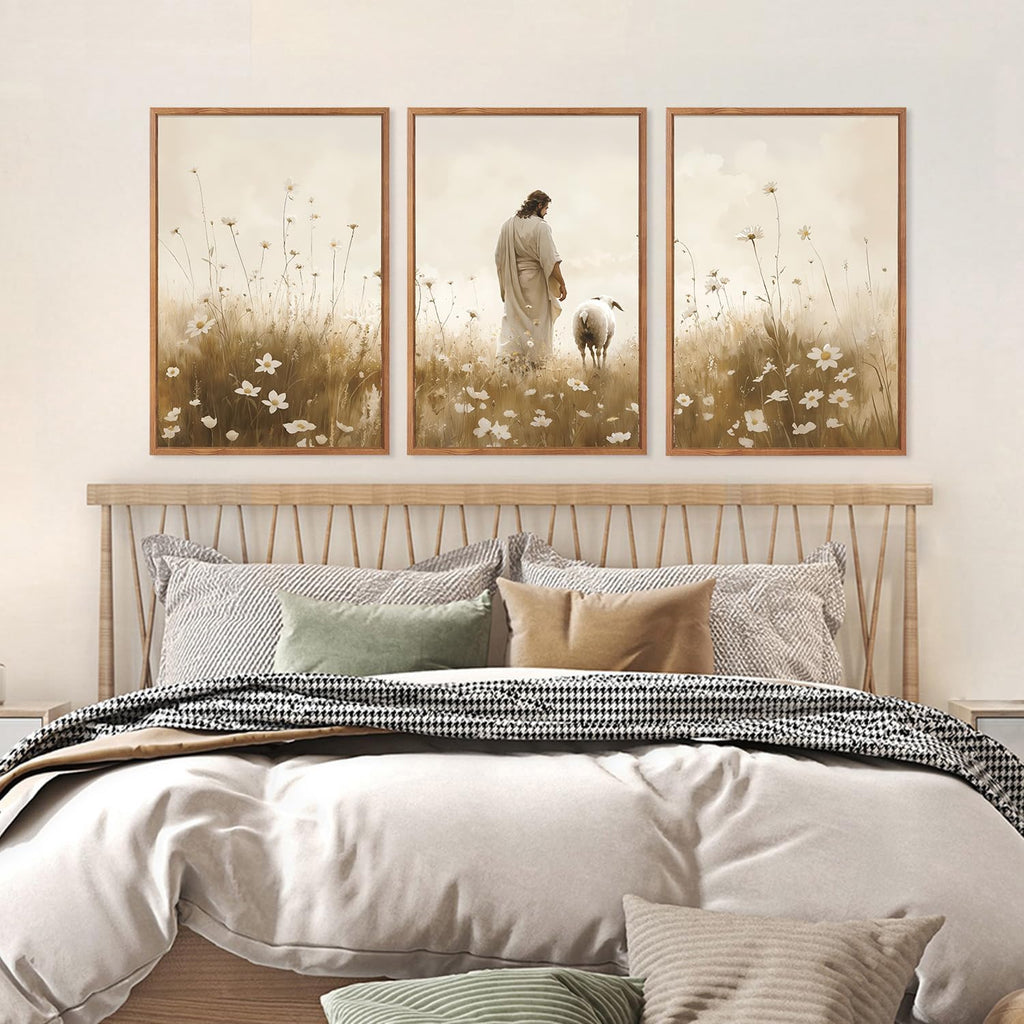 KAIRNE Jesus Wall Art Set of 3(24'X36'),Lost Sheep Wall Decor,Religious Scripture Art Print,Christian Bible Wall Paintings,White Floral Pictures for Church Bedroom Living Room Office Decoration,Framed