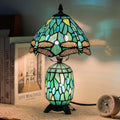Small Tiffany Lamp Stained Glass Table Lamp Mini Mother Daughter Vase Desk Accent Light for Bedroom Bedside Reading Home Antique Style Decor 8X14 Inches (Sea Blue Dragonfly)