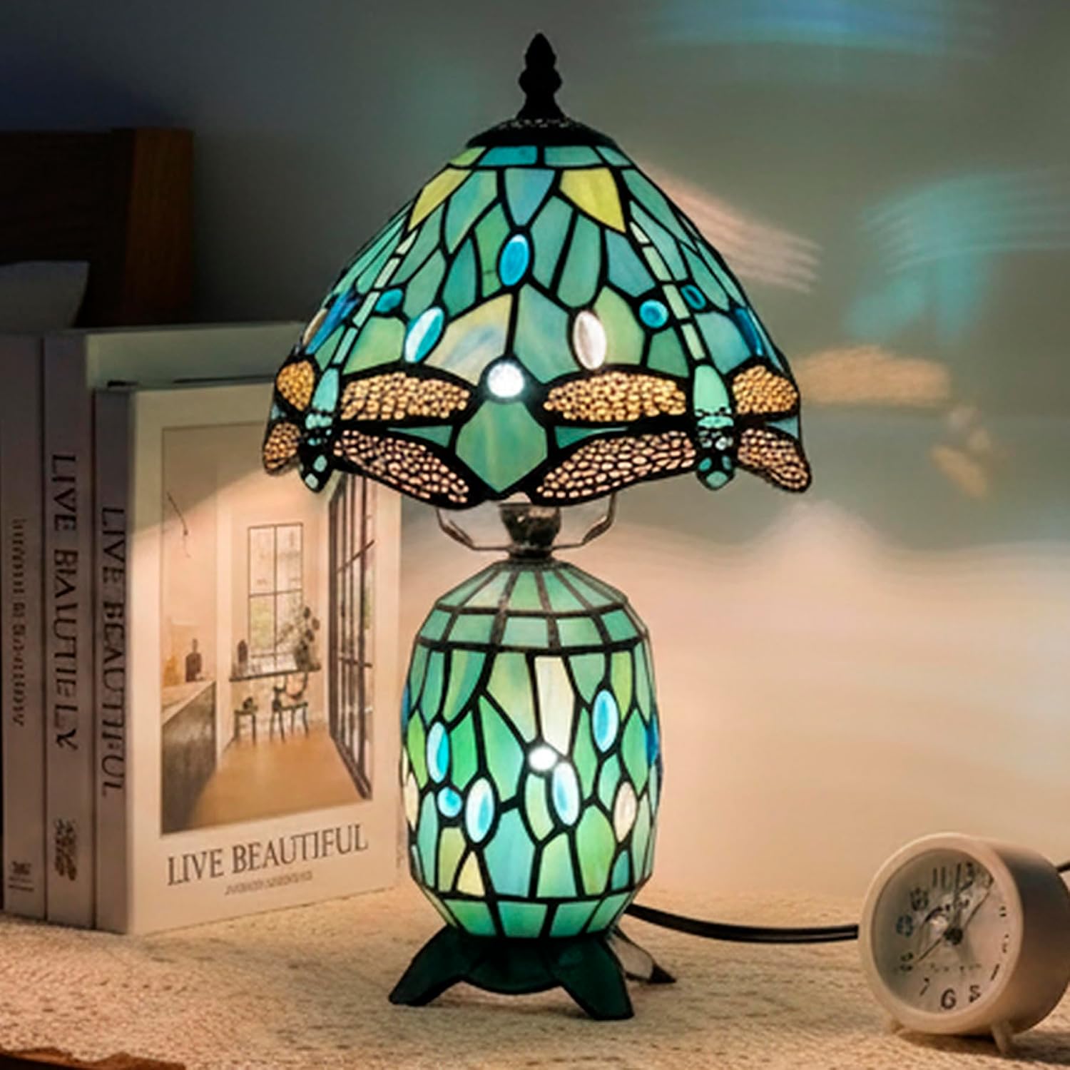 Small Tiffany Lamp Stained Glass Table Lamp Mini Mother Daughter Vase Desk Accent Light for Bedroom Bedside Reading Home Antique Style Decor 8X14 Inches (Sea Blue Dragonfly)