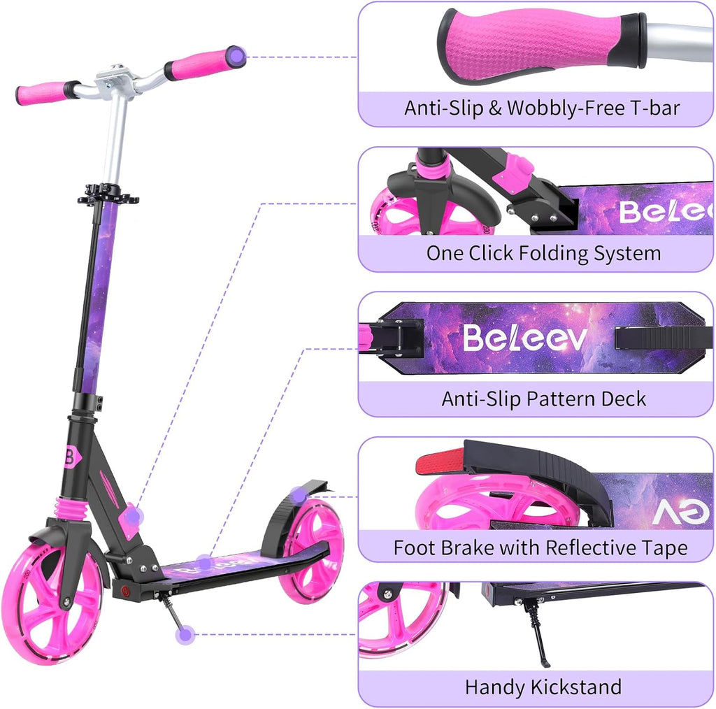 BELEEV V8 Scooters for Kids Ages 6+ with Light-Up Deck, 2 Wheel Folding Scooter for Adults Teens, 4 Adjustable Height, Lightweight Sport Commuter Scooter, Sturdy Frame, Max Load 220 lbs
