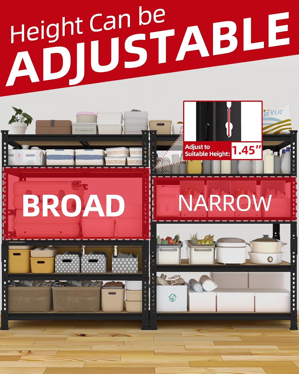 PrimeZone 35.5' x 12' x 72' Heavy Duty Storage Shelves - 5 Tier Adjustable Garage Storage Shelving, Metal Storage Utility Rack Shelf Unit for Warehouse Pantry Closet Kitchen, Black, 2 Pack