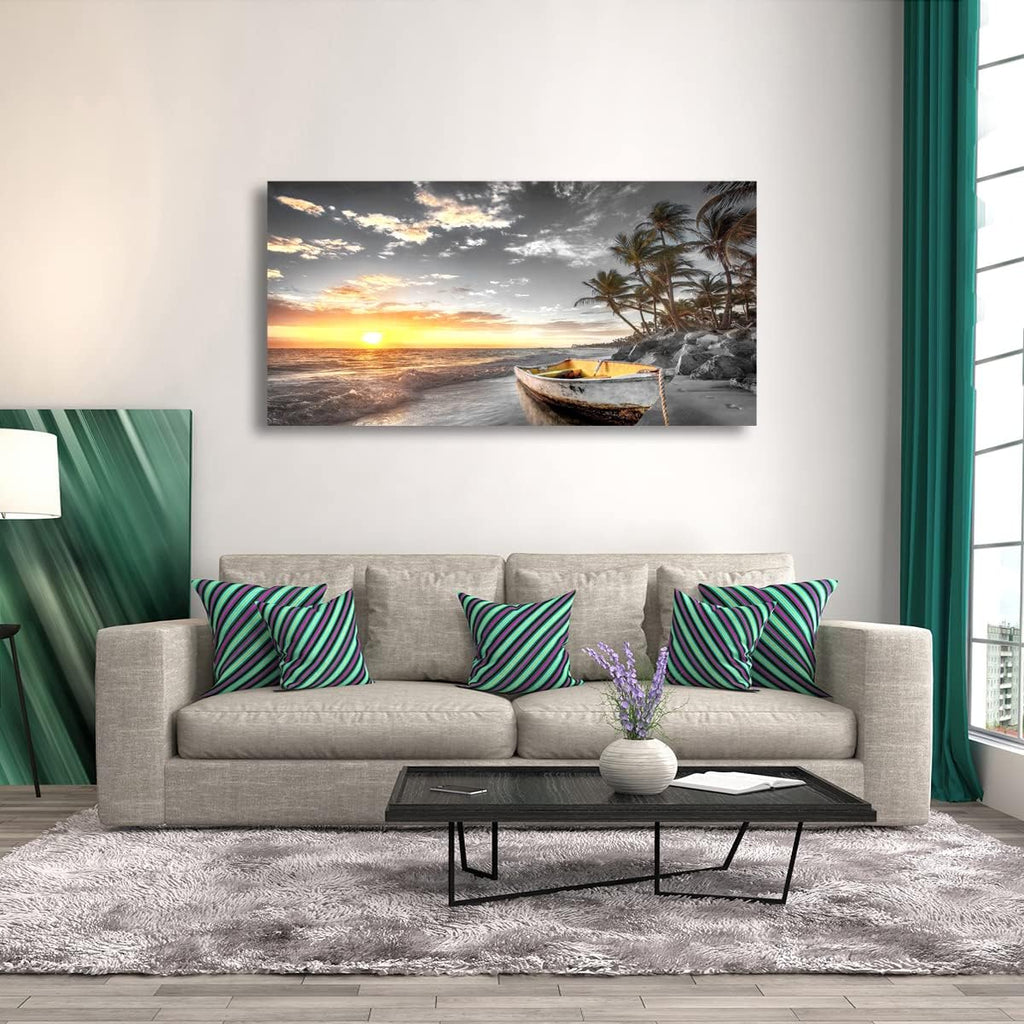 Beach Wall Art Canvas Prints Art Black and White Sunset Seascape Pictures Bedroom Decor Boat Tree Ocean Landscape Painting for Living Room Office Decoration Natural Scenery Artwork 28 x 57inches