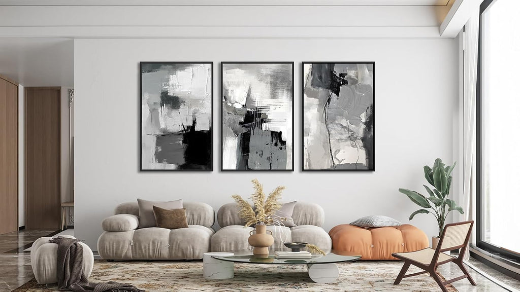 Large Framed Canvas Wall Art - Retro Grey Graffiti Pictures for Living Room Rustic Abstract Wall Decor Vintage Prints for Bedroom Dinning Room Black Float Framed 20' X 28' X 3 pcs