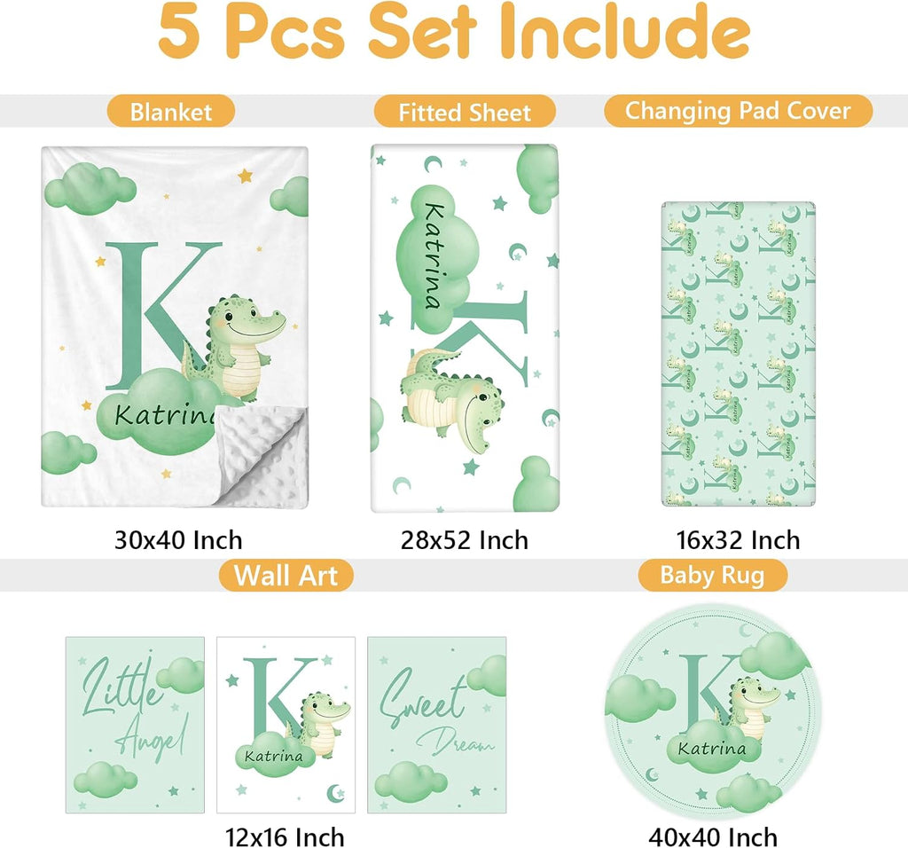 Terwex Custom Baby Bedding Set, 5 Pcs Personalized Baby Crib Sets with Name, Toddler Bedding Set for Baby Girls Boys, Green Crocodile Double Layer Nursery Bedding Set, Customized Gifts for Infants