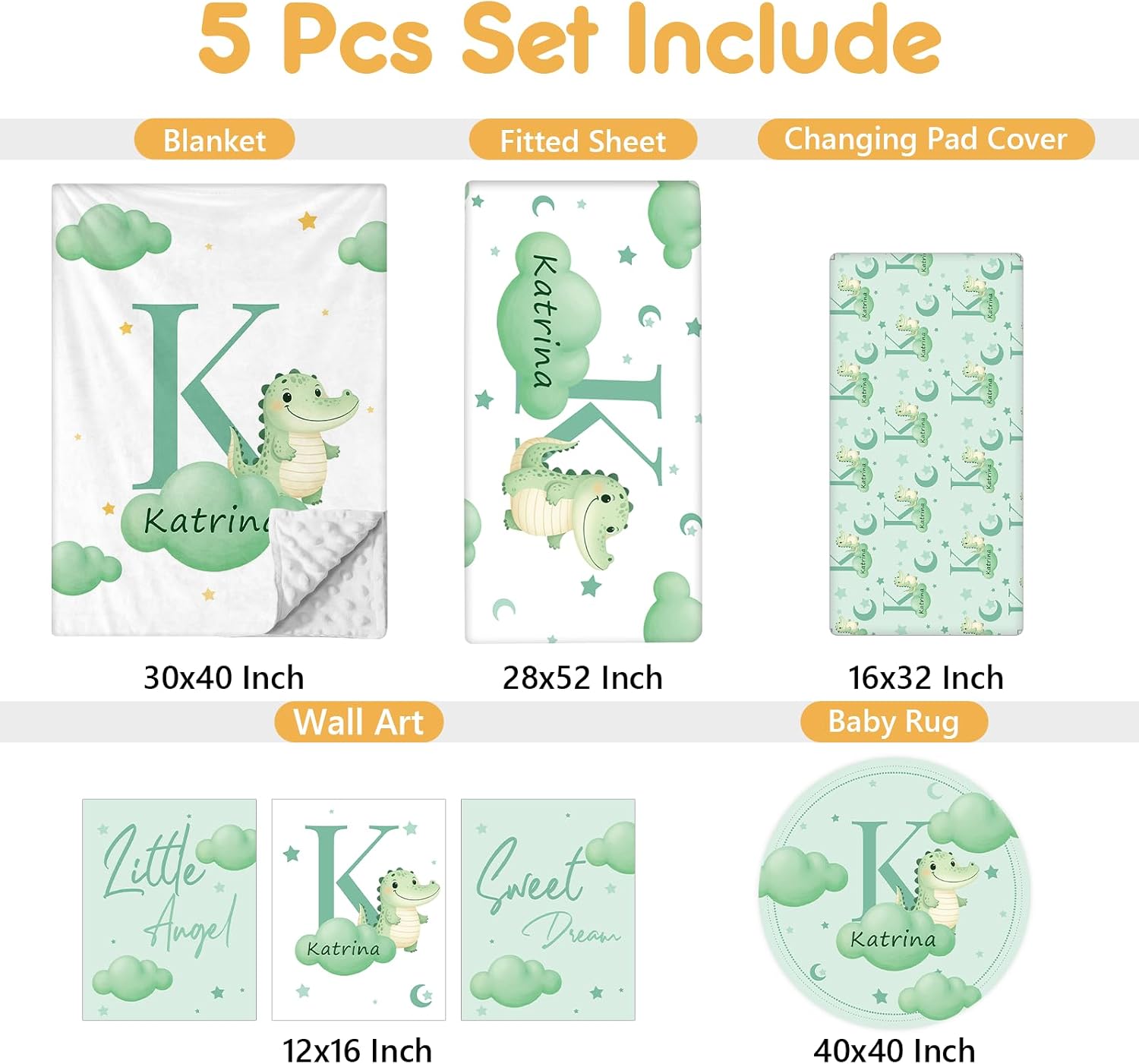 Terwex Custom Baby Bedding Set, 5 Pcs Personalized Baby Crib Sets with Name, Toddler Bedding Set for Baby Girls Boys, Green Crocodile Double Layer Nursery Bedding Set, Customized Gifts for Infants