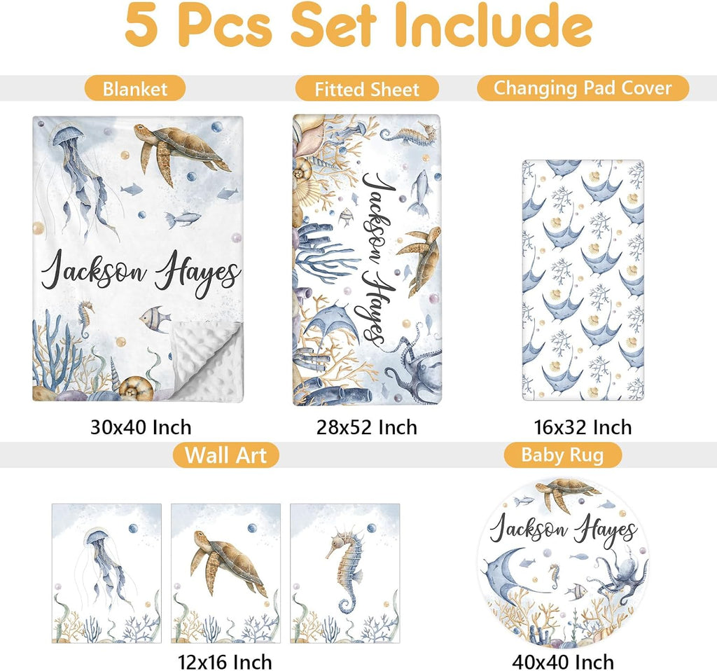 Terwex Custom Crib Bedding Set - 5 Pcs Customized Baby Crib Set with Name - Soft Double Layer Marine Animals Nursery Baby Bedding Set for Girls Boys - Personalized for Infant Toddler