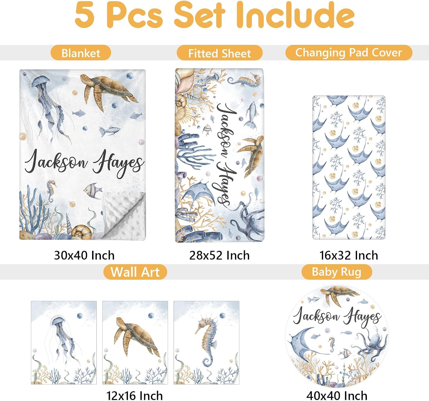 Terwex Custom Crib Bedding Set - 5 Pcs Customized Baby Crib Set with Name - Soft Double Layer Marine Animals Nursery Baby Bedding Set for Girls Boys - Personalized for Infant Toddler