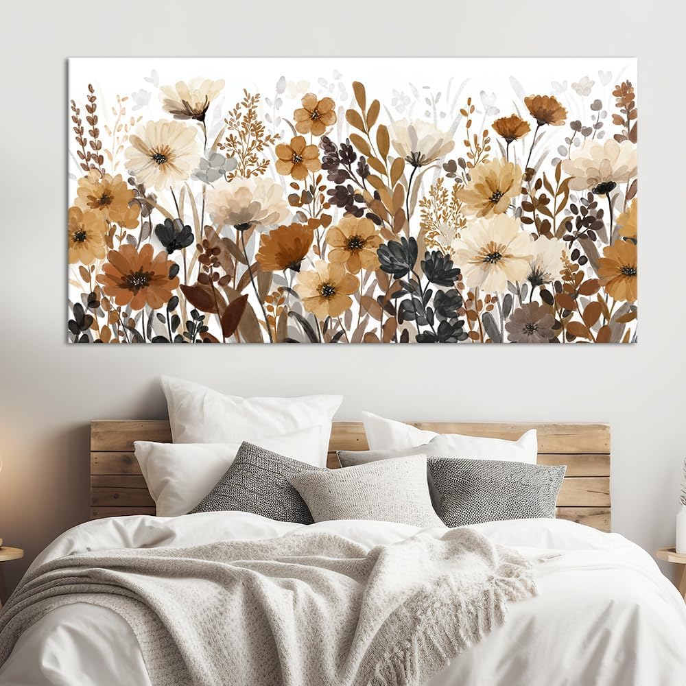 Watercolor Flower Wall Art Beige Brown Rustic Botanical Wildflower Picture Modern Country Aesthetic Painting Wall Decor Floral Landscape Canvas Prints Artwork for Bedroom Living Room Farmhouse 28'x58'