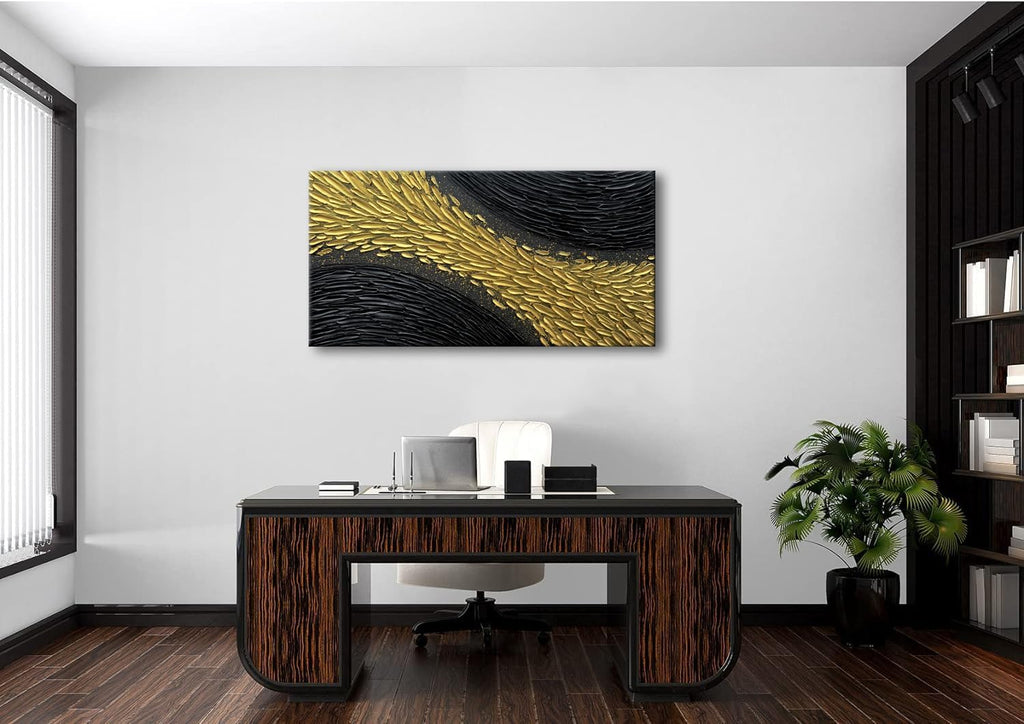 Slyart Black and Gold Wall Art, Large Gold Texture Abstract Art, Contemporary Art Oil Painting, 24'x48' Modern Home Decor for Living Room Bedroom