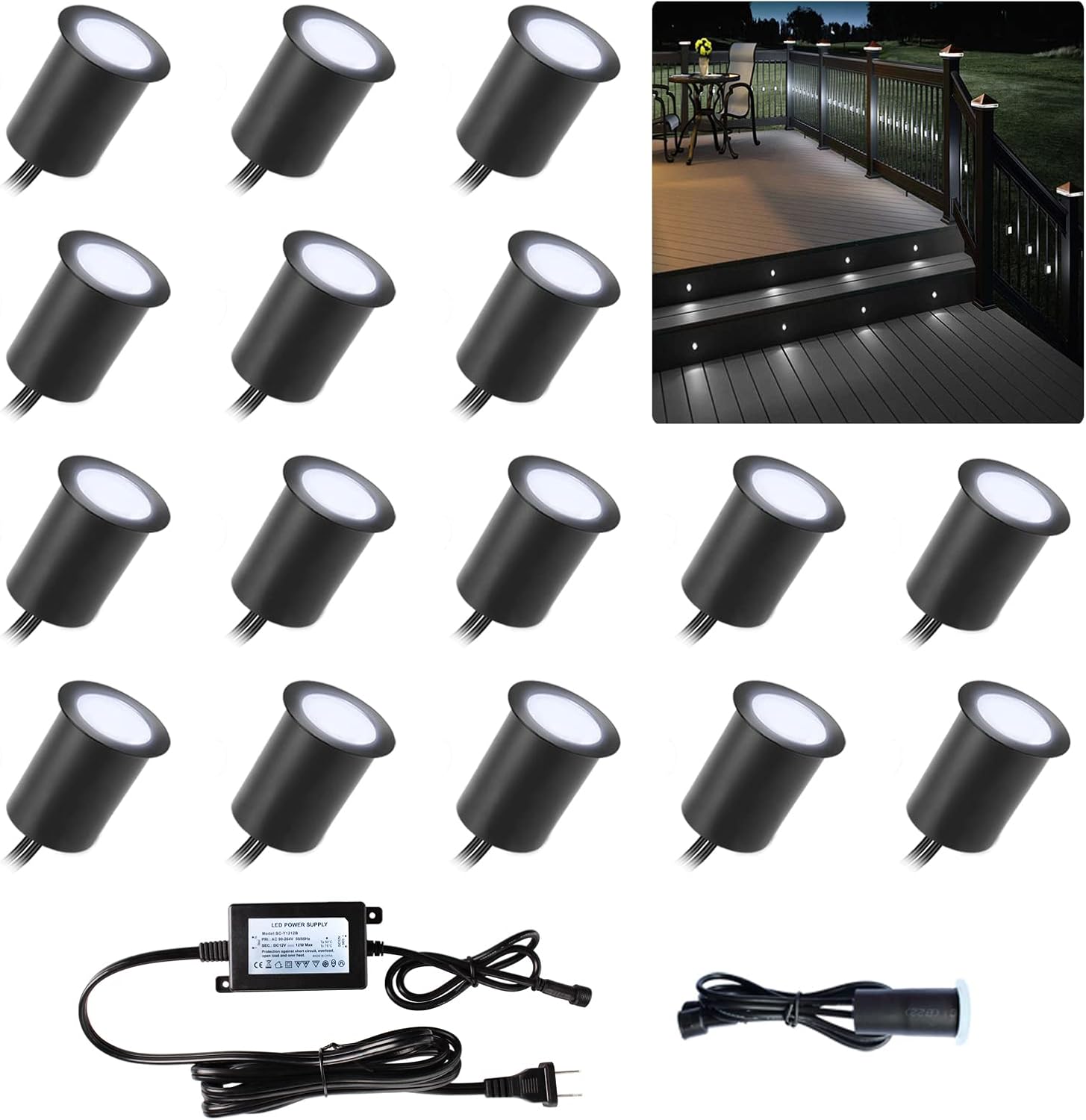 Deck Lights with Photocell and Protecting Shell, Cold White Φ1.18in Low Voltage 12V DC IP67 Waterproof, Electric Wired Round Recessed LED Outdoor Stair Step Landscape Lighting, 16 Pack Black