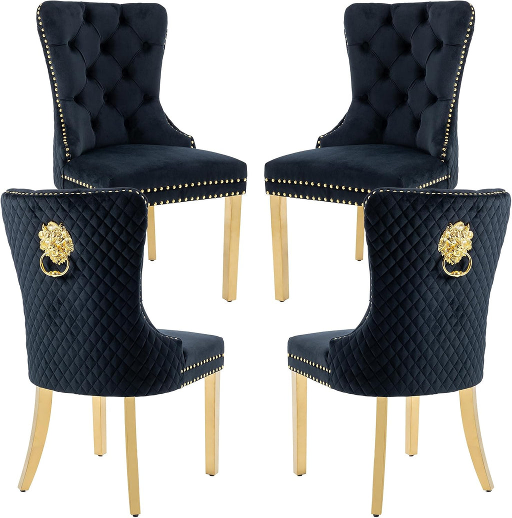Velvet Dining Chairs Set of 4, Upholstered Dining Room Chairs, Mid-Century Modern Chairs with Diamond Lattice Tufted Back, Lion Pull Ring Rivet Trim, Golden Metal Legs for Kitchen, Black