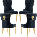 Velvet Dining Chairs Set of 4, Upholstered Dining Room Chairs, Mid-Century Modern Chairs with Diamond Lattice Tufted Back, Lion Pull Ring Rivet Trim, Golden Metal Legs for Kitchen, Black