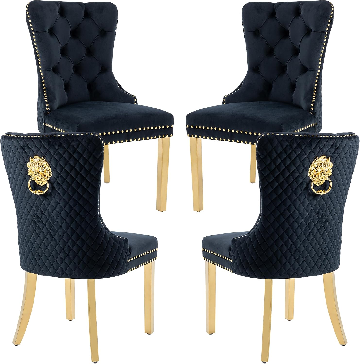 Velvet Dining Chairs Set of 4, Upholstered Dining Room Chairs, Mid-Century Modern Chairs with Diamond Lattice Tufted Back, Lion Pull Ring Rivet Trim, Golden Metal Legs for Kitchen, Black