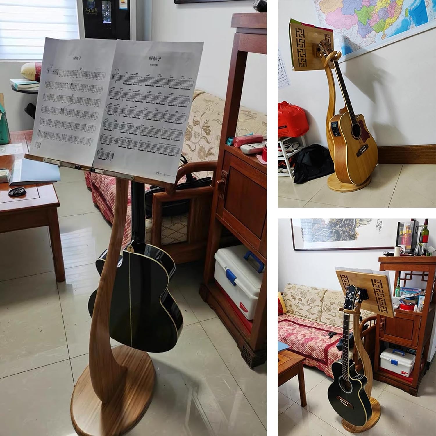 WORDFUN Sheet Music Stand, Orchestral Wooden Music Stand, with Violin Guitar Hanger, Wood Station for Conductors, Professional Music Book Holder, 340° Flip Design, Detachable