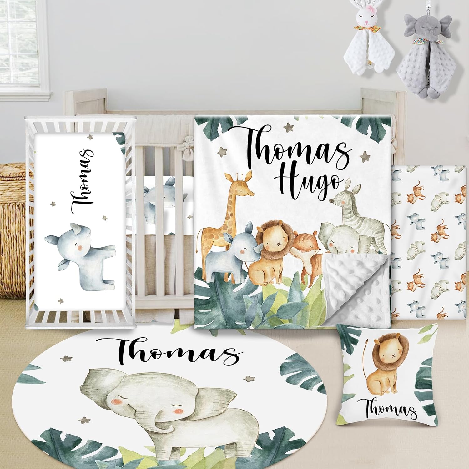Custom Baby Crib Bedding Set - 5 Piece Nursery Crib Set Woodland Animals Design - Personalized Name Blanket with Dotted Backing, Crib Sheet, Changing Pad Cover, Pillow Cover, Rug for Newborns Color02
