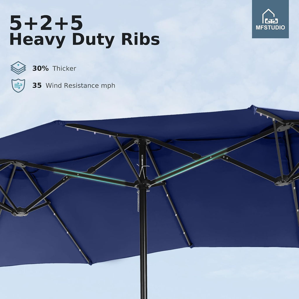 MFSTUDIO 15ft Double Sided Patio Umbrella with Solar Lights, Outdoor Large Umbrellas with Crank Handle and 36 LED Lights, Rectangular Market Umbrella with Base Included for Deck Pool Shade, Navy Blue